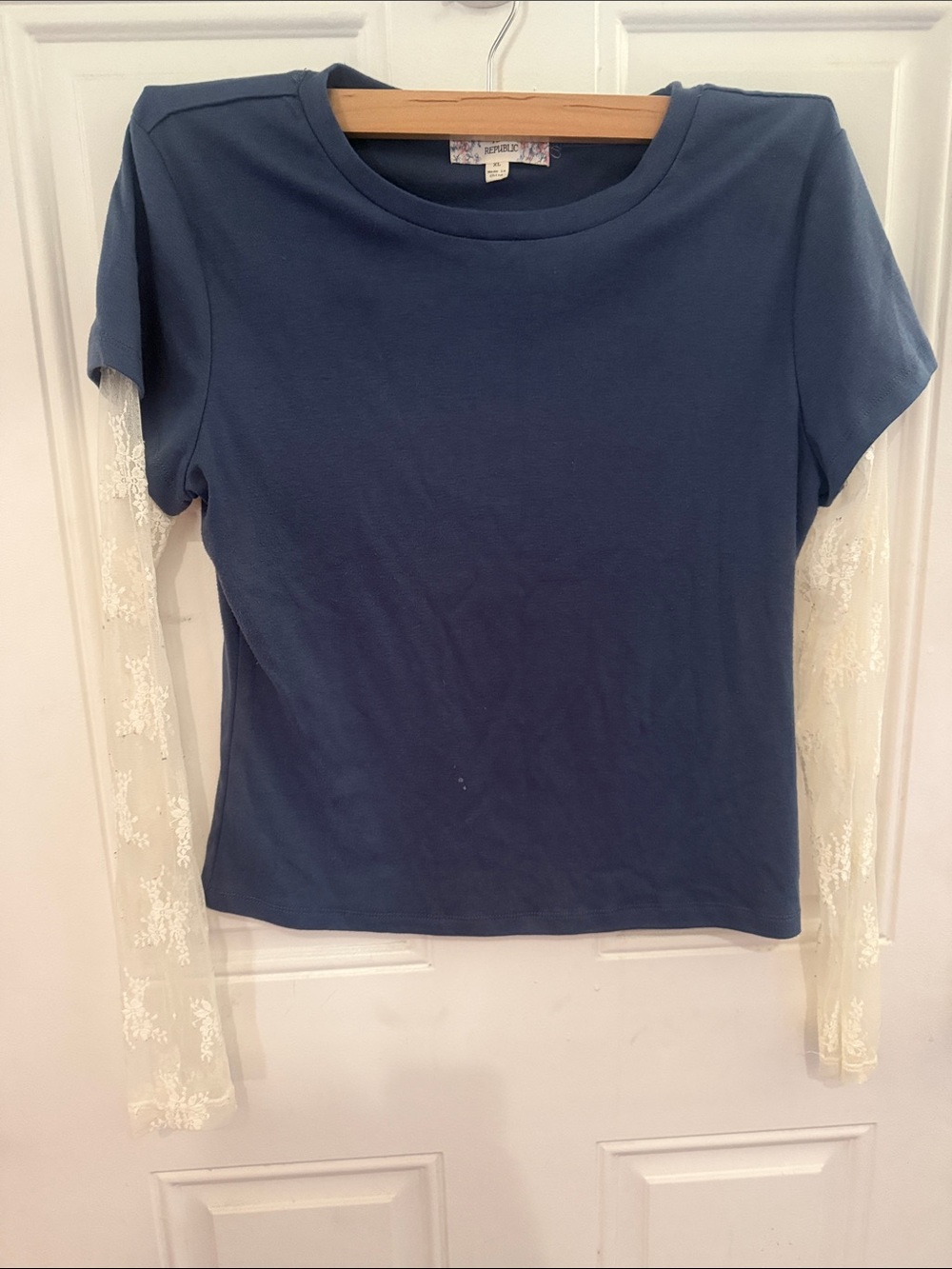 Pink Republic Navy Blue Short-Sleeve Tee with Cream Lace Sleeves